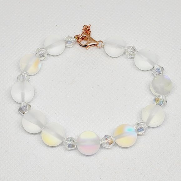White Aurora Borealis Glass and White Glass Beaded Bracelet in 14K RG Over 925SS - Picture 1 of 6
